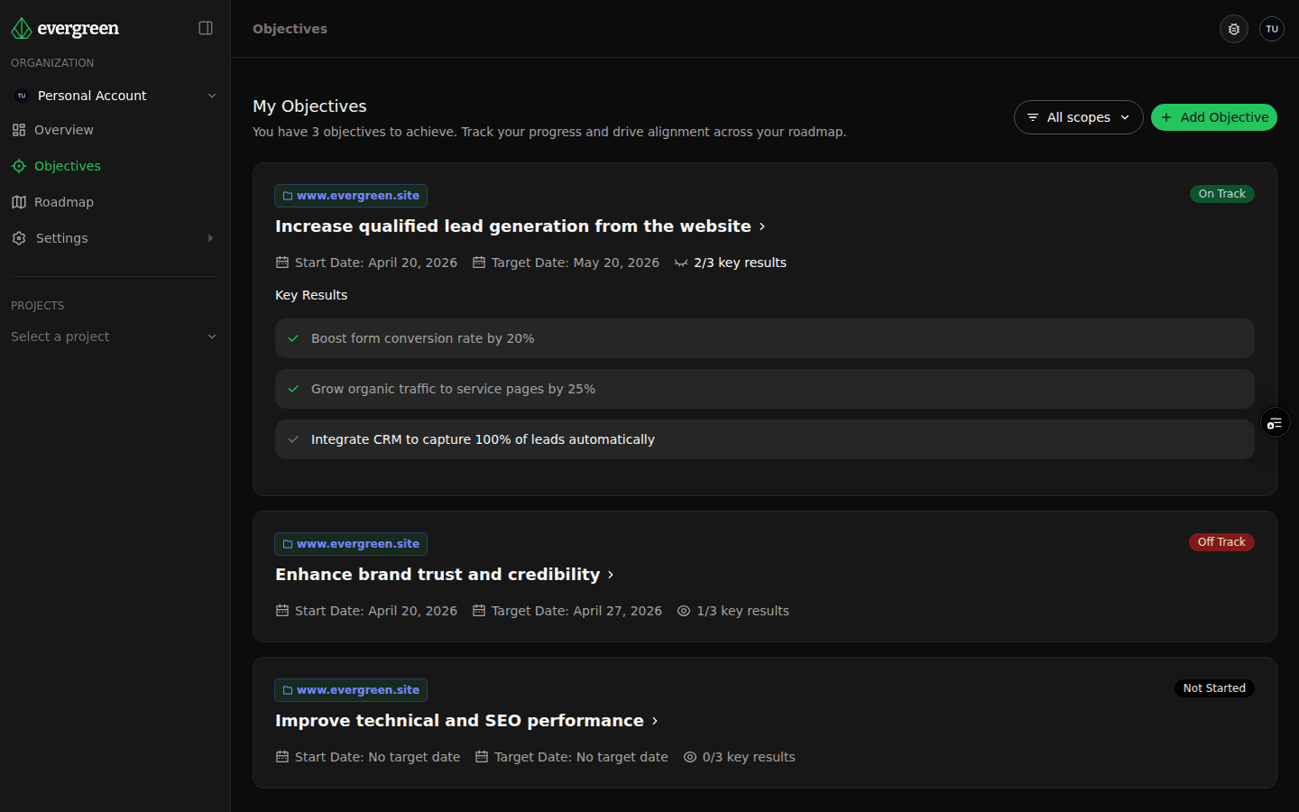 Objectives & Key Results screenshot